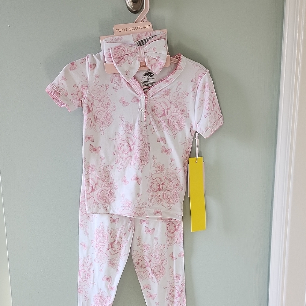 Tutu Couture toddler girls’ 3-piece pajama and headband set size 2T pink & white
